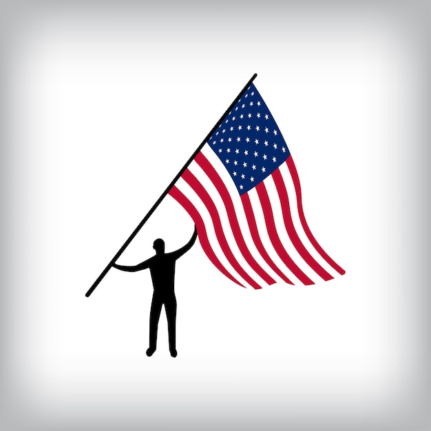 Um homem segura a bandeira dos Estados Unidos no ar Bandeira vetorial agitando Bandeira realista do Dia Nacional