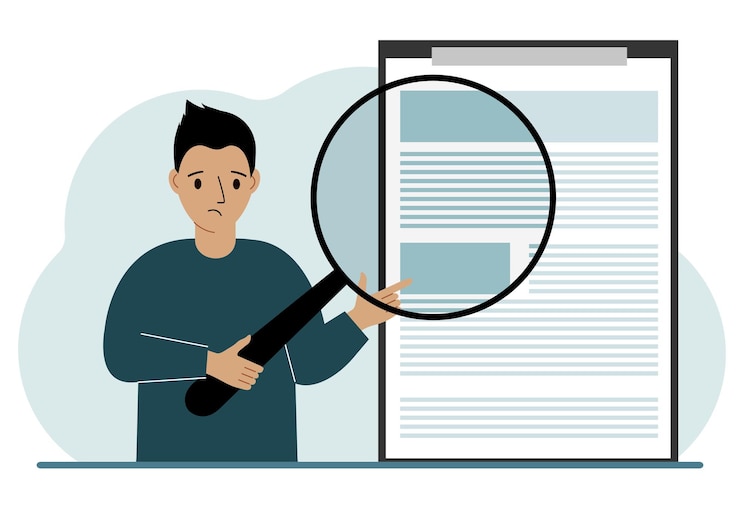 Vetor um homem segura uma lupa e examina um contrato ou acordo de documento o conceito de um empresário advogado ou advogado no trabalho