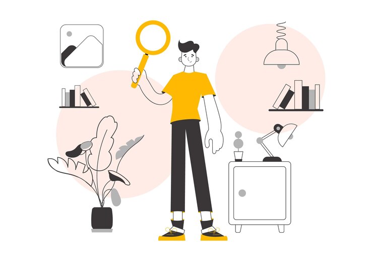 Vetor um homem segura uma lupa nas mãos conceito de pesquisa linear estilo moderno vetor