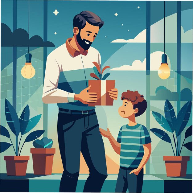 um homem segurando um livro com um menino segurando uma planta