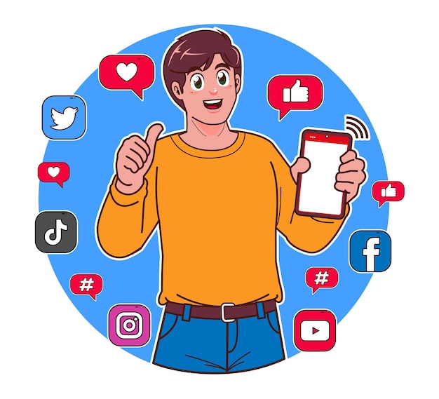 Um homem segurando um smartphone e ícones de mídia social