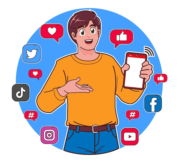 Um homem segurando um smartphone e ícones de mídia social