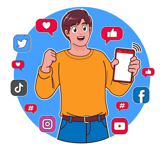Um homem segurando um smartphone e ícones de mídia social