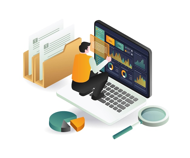 um homem senta-se em um laptop com um gráfico na parte superior