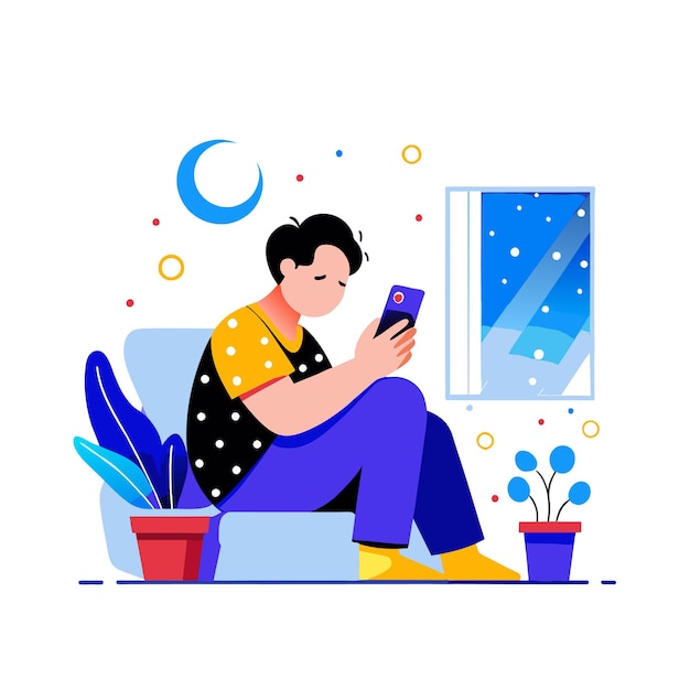 um homem senta-se em uma soleira da janela e olha para a ilustração plana de seu telefone