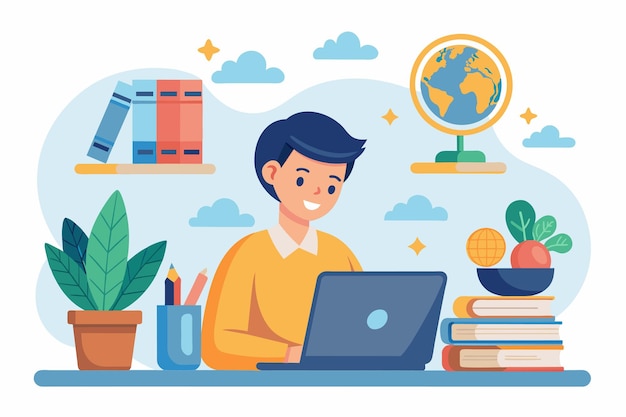 Um homem sentado em uma mesa concentrado em seu laptop envolvido em elearning ou trabalho on-line Estudante aprendendo via laptop elearning Ilustração vetorial plana simples e minimalista