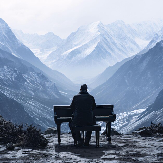 Vetor um homem sentado num banco no himalaia, no nepal, está a olhar para as montanhas.
