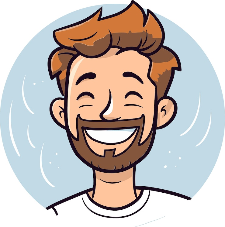 Vetor um homem sorridente com barba e uma camisa branca que diz feliz