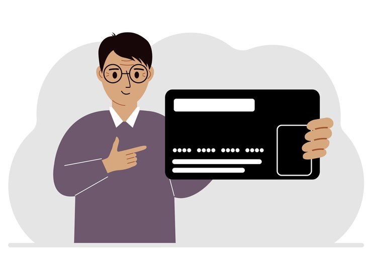 Vetor um homem tem um grande cartão de crédito de plástico na mão ilustração vetorial