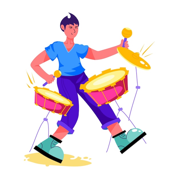 Um homem tocando bateria com uma camisa azul.