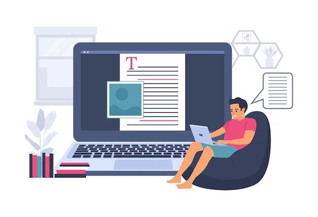 Um homem trabalha em um computador com texto. Conceito de blogger ou redator. Ilustração vetorial