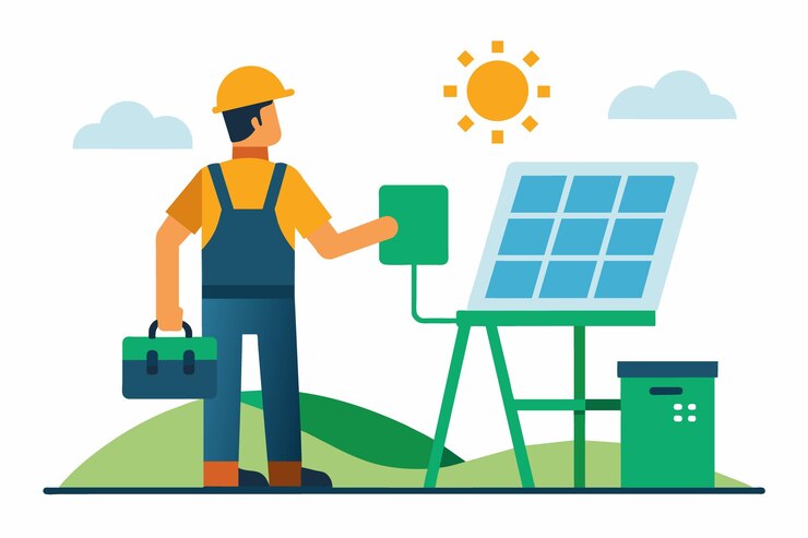 Vetor um homem trabalhando em um projeto com um painel solar