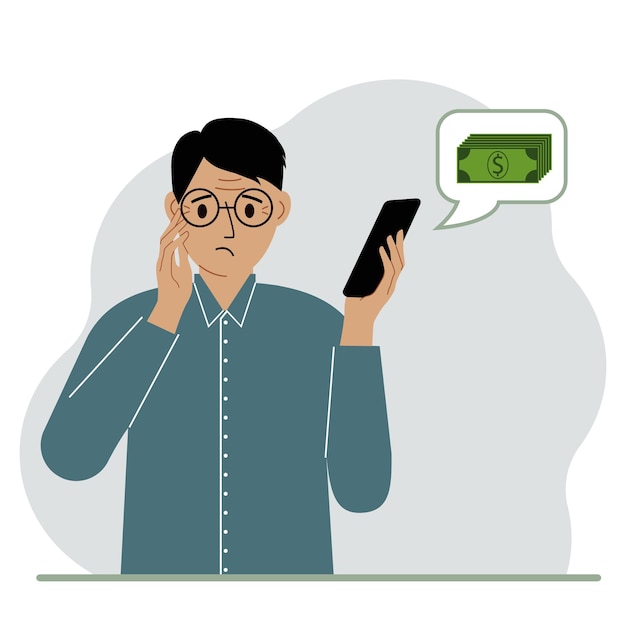 Um homem triste segura um telefone que recebeu uma mensagem sobre dinheiro O conceito de geração de renda de ganhos online Ilustração plana vetorial