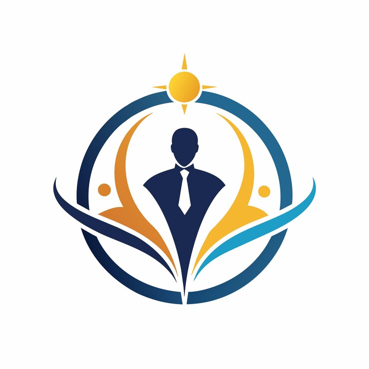Vetor um homem vestido profissional de pé com confiança em frente a um sol brilhante um logotipo elegante e refinado que reflete o pensamento estratégico e as habilidades de resolução de problemas dos consultores de gestão