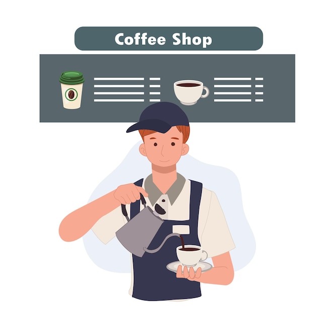 Um homem vestindo avental derramando café na caneca cafeteira barista masculino ilustração vetorial