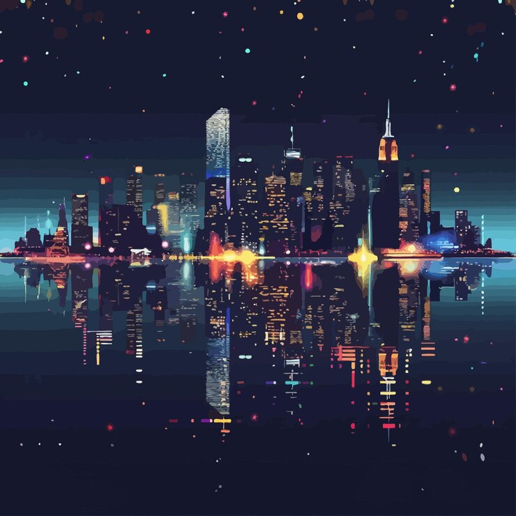 Vetor um horizonte da cidade com um reflexo de uma cidade na água