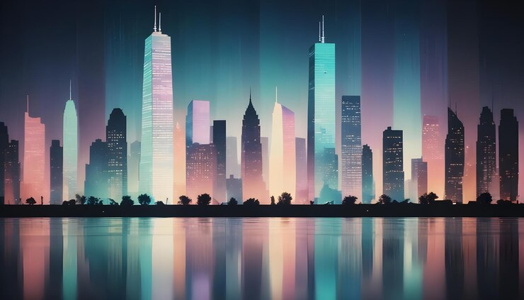 Vetor um horizonte estilizado da paisagem urbana com luzes de néon coloridas refletidas em um corpo de água a imagem evoca uma sensação de energia urbana e dinamismo moderno