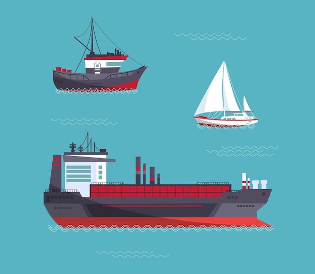 Um iate, um navio de carga, um navio de pesca em uma coleção, ilustração vetorial