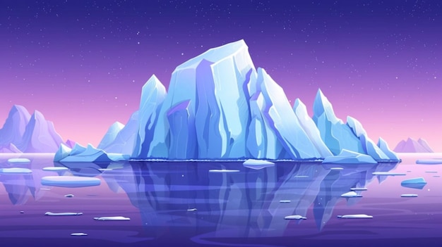Vetor um iceberg com um fundo roxo e a lua no fundo