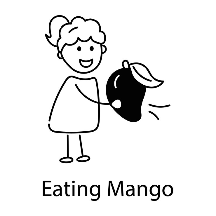 Vetor um ícone de estilo doodle de menina comendo manga