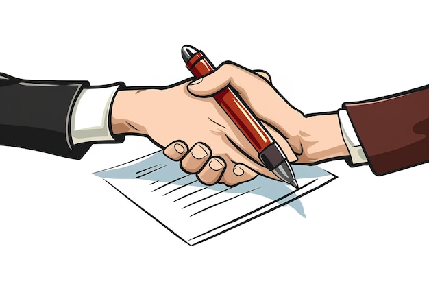 Vetor um ícone de negócios que assina um contrato e se alegra na conclusão do contrato com um aperto de mão