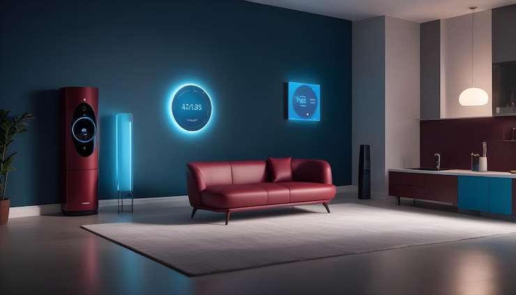 Vetor um interior de sala de estar com uma parede azul um sofá vermelho e um aparelho moderno a cena é definida à noite com as luzes criando uma atmosfera aconchegante e convidativa