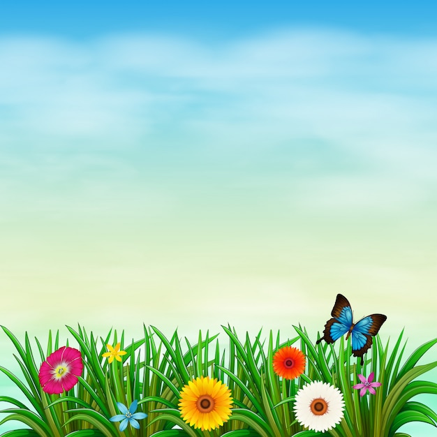 Vetor um jardim sob o céu azul claro com uma borboleta
