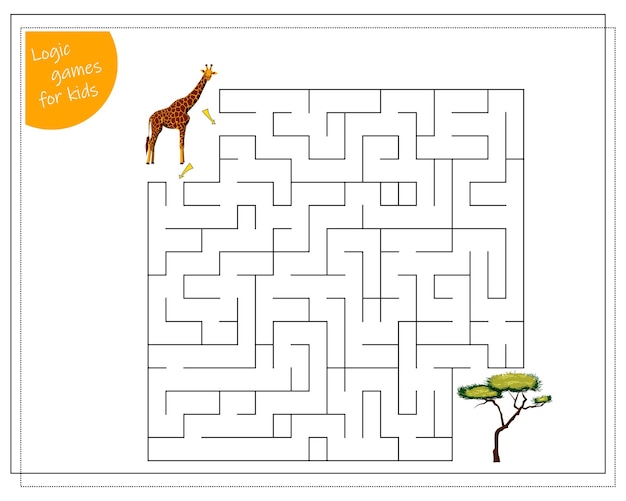 Um jogo de labirinto para crianças ajuda a girafa a chegar à árvore
