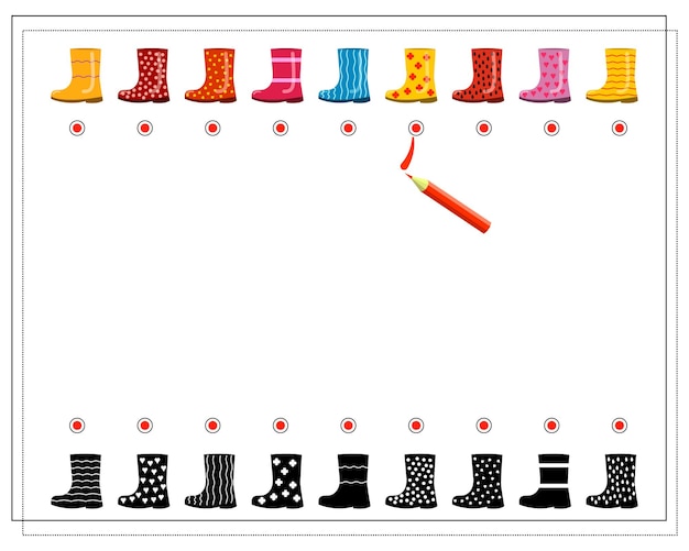 Um jogo lógico para crianças encontra a sombra certa para botas de borracha vetor isolado em um fundo branco