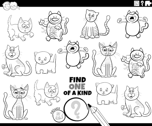 Um jogo único com desenhos animados de gatos para colorir e imprimir