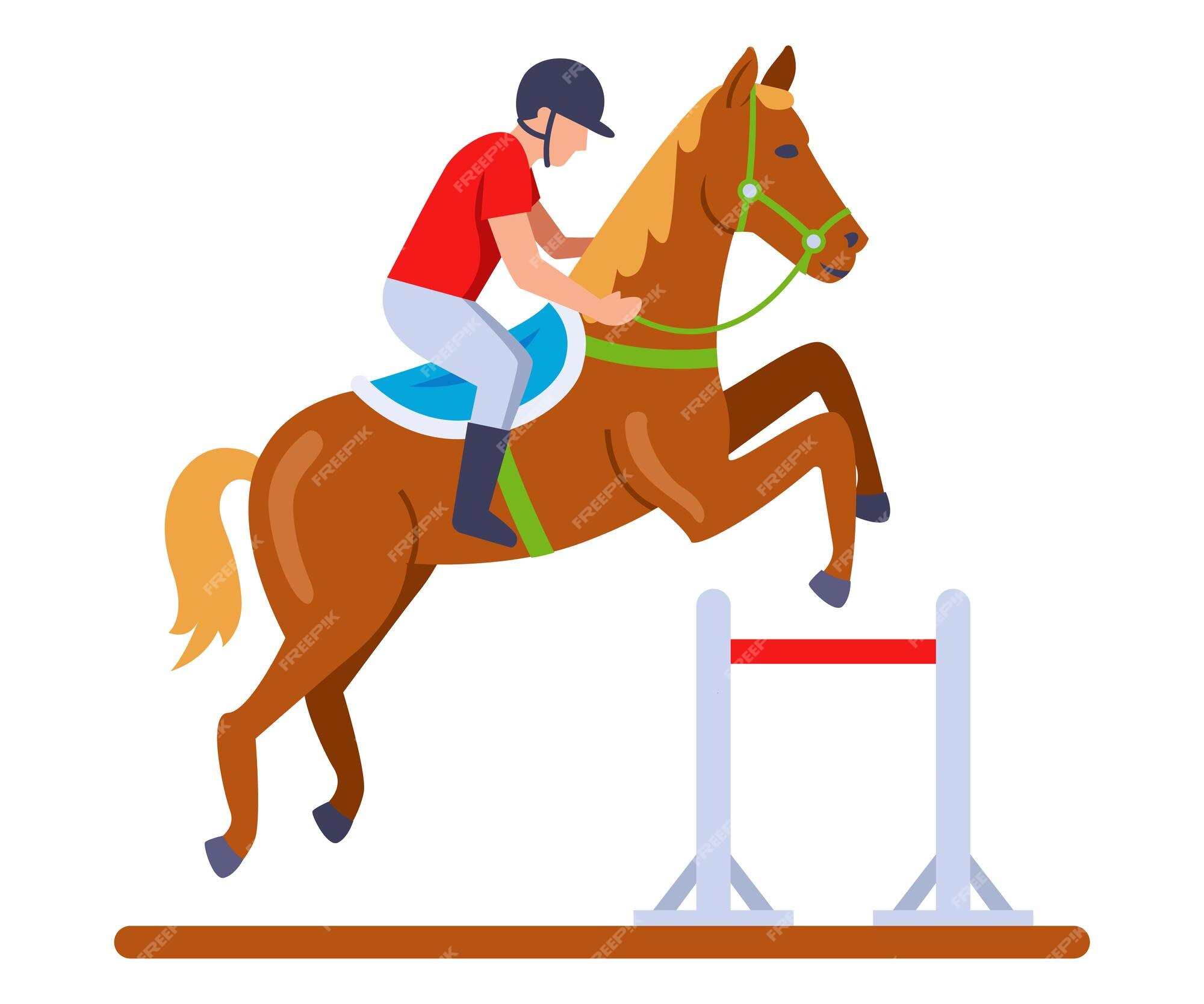 eventos equestres. ilustração de um cavalo com um cavaleiro pulando a  barreira das cabanas de madeira. um cavaleiro em um cavalo salta sobre um  obstáculo contra uma ilustração vetorial plana de nuvem