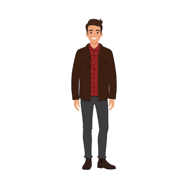 Um jovem alegre vestindo uma jaqueta marrom e uma camisa a quadros vermelha de pé com confiança em uma ilustração vetorial de design plano minimalista