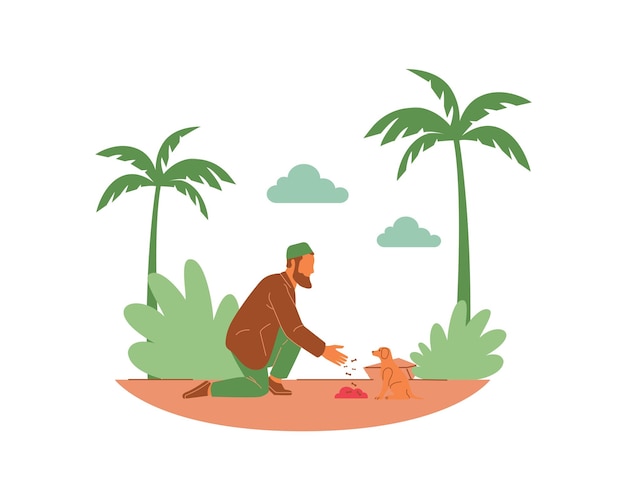 Um jovem alimenta um gato no parque Desenho vetorial de adoção e criação de animais ilustração