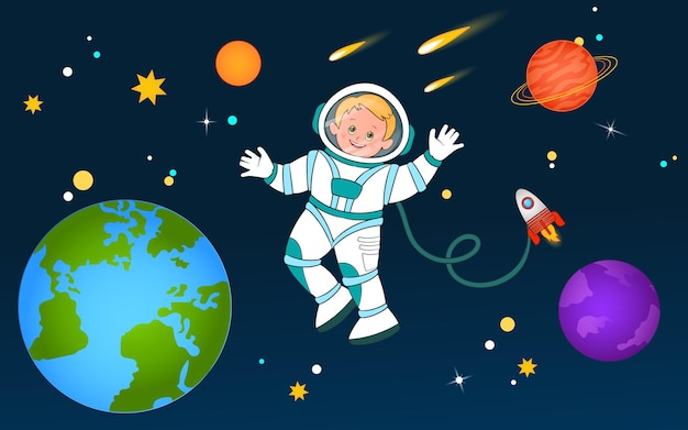 Vetor um jovem astronauta voa em espaço aberto contra o fundo da terra, planetas e estrelas. ilustração vetorial, estilo cartoon