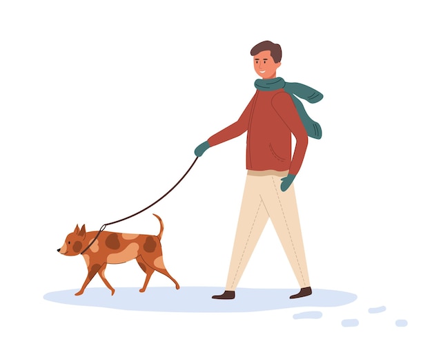 Um jovem caminha com um cachorro na coleira no inverno. ilustração em vetor plana dos desenhos animados