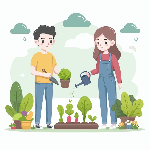 Um jovem casal a jardinar, a plantar legumes.