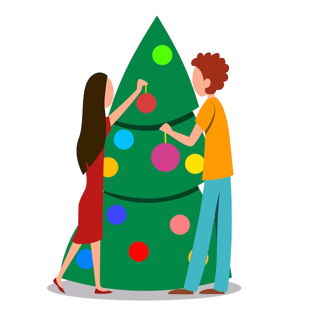 Um jovem casal está decorando uma árvore de Natal
