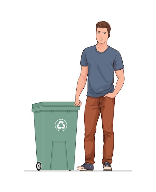 Vetor um jovem de pé ao lado de um recipiente de lixo com rodas para fácil transporte