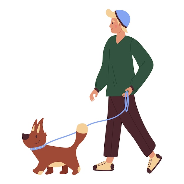 Um jovem de suéter verde e calça escura caminha com um cachorro na coleira Ilustração em vetor