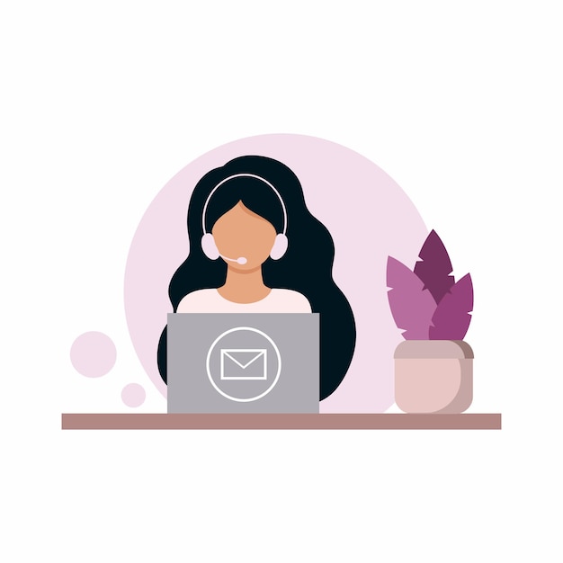 Um jovem despachante de um serviço de suporte técnico, centro de serviços ou call center senta-se em um computador e responde às perguntas do cliente. Ilustração para negócios bancários. Desenho vetorial em estilo simples.