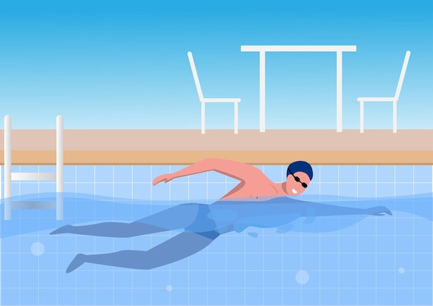 Um jovem em roupas esportivas nadando em uma piscina Vetor de ilustração de desenho animado estilo plano
