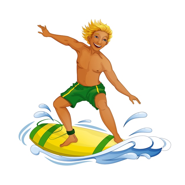 Um jovem em uma prancha de surf na onda.