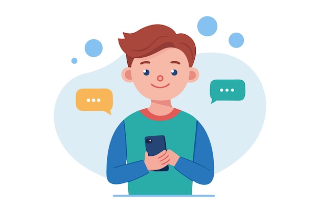 Um jovem enviando mensagens de texto em seu smartphone, sorrindo e conversando online