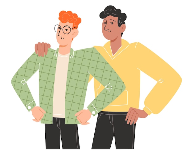 Um jovem está orgulhosamente de ombros quadrados ao lado de seu amigo