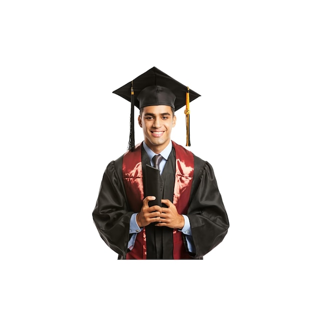 Um jovem feliz vestindo chapéu de formatura e roupão vector