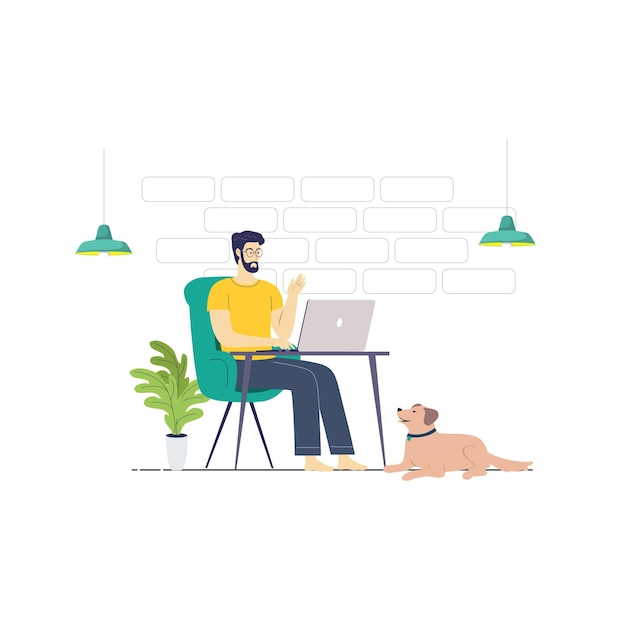Um jovem trabalhando em um laptop com um cachorro ao lado