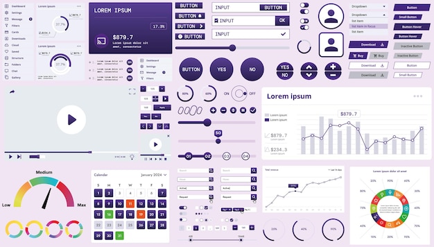 Um kit de interface moderno com botões, gráficos e elementos para criar aplicações web e painéis ideais para estatísticas e finanças empresariais
