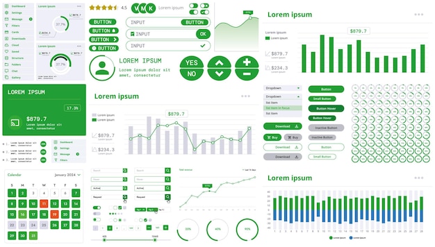 Um kit de interface moderno com botões, gráficos e elementos para criar aplicações web e painéis ideais para estatísticas e finanças empresariais