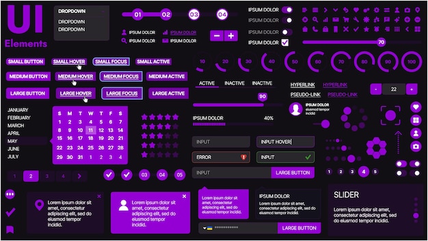 Um kit de UI moderno com uma coleção de botões, ícones, menus de navegação e elementos de design responsivo Inclui formulários de login, players de mídia, barras de pesquisa e calendários ideais para aplicativos e sites