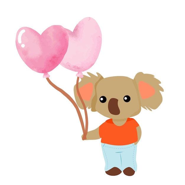 um koala segurando um balão em forma de coração com um coração rosa no fundo